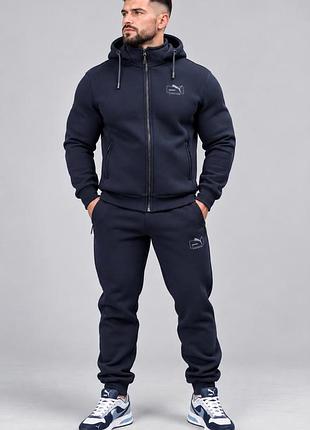 Чоловічий зимовий трикотажний спортивний костюм puma на байці, товста тринитка, знімний капюшон, синій індиго