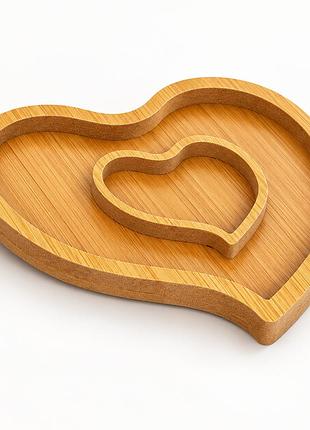 Менажница бамбуковая для закусок сердце 19×19 см на 2 секции, деревянная тарелка для орехов, сухофруктов и сладостей
