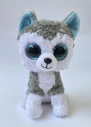 Мягкая игрушка глазастик хаски слаш slush ty beanie boo's оригинал собака щенок серый с большими блестящими голубыми глазами 15 см