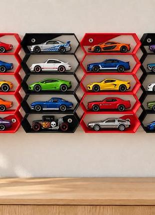 Настінні стенди для машинок hot wheels — комплект 4 шт., червоні та чорні