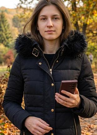 ​жіночий пуховик zara basic з капюшоном та еко-хутром (розмір xs-s), куртка з натурального пуха, куртка на осінь, пуховик на зиму