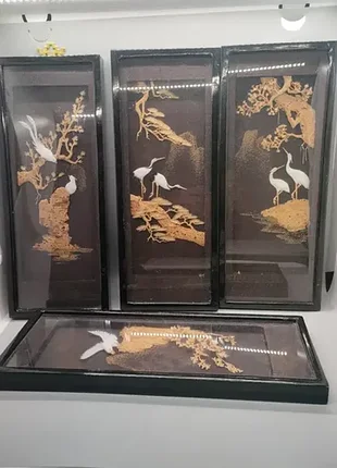 Винтажный комплект настенных панно (диорамы) с журавлями. китайский/япония, 30х12 см