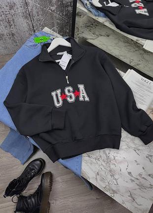 Теплий чорний світшот на застібці usa з вишивкою s m новий / бавовна на флісі