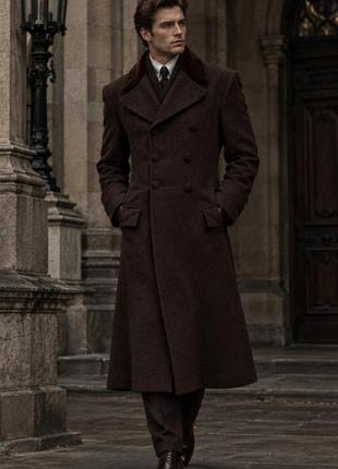 Двобортне вовняне пальто в стилі dark academia / редингот з оксамитовим коміром (німеччина)