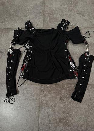 Готичний чорний лонг з фурнітурою, шнурівкою та ланцюгами living dead souls killstar new rock gothic alt punk готика панк рок альт
