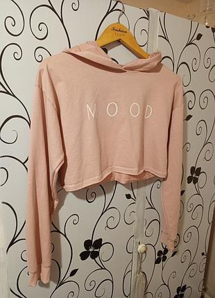Кофта жіноча укорочена з капюшоном та написом mood рожева