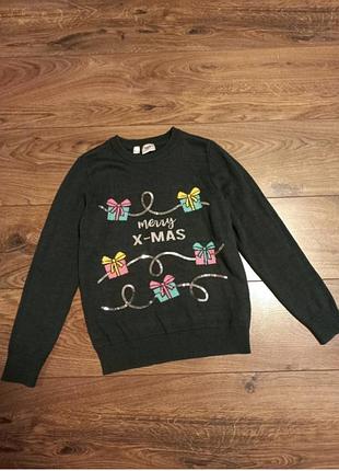 Новорічний светр для дівчинки сірий 140-146 см з принтом merry x-mas