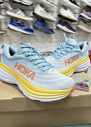 Жіночі кросівки hoka one one bondi 8 для бігу тренувань залу спортивні сітка жовто-блакитні легкі на платформі піні оригінал бу 42 р бігові стильні