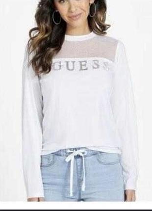 Лонгслів жіночий guess білий з сіткою та написом xs/s