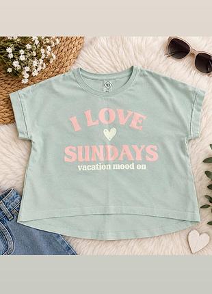 Стильна вкорочена футболка оверсайз tex (100% organic cotton) — м'ятно-зелений кроп-топ "i love sundays" s m