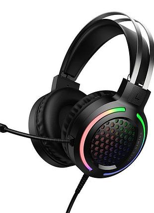 Игровые проводные наушники hoco w117 battle с микрофоном и rgb-подсветкой для пк и ноутбука usb+3.5mm черные