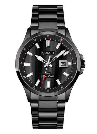 Чоловічий класичний годинник skmei 1654bk black з металевим браслетом та мінеральним склом