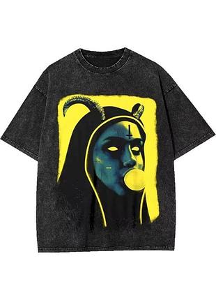 Футболка вареная (acid wash) с принтом монахини-демони-деодина в стиле готика / стритвир, y2k, харадзюка, grunge, streetwe кофта