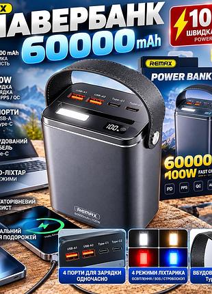 Потужний павербанк remax fp-33 60000 маг 100 вт зі швидкою зарядкою та led-ліхтарем, портативний зовнішній акумулятор