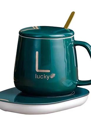 Керамічна чашка lucky 350 мл з підігрівом від usb, з кришкою та ложкою в подарунковій коробці, зелена