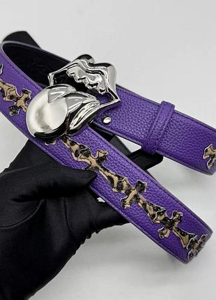 Ремінь унісекс chrome hearts фіолетовий зі шкіри з металевою пряжкою