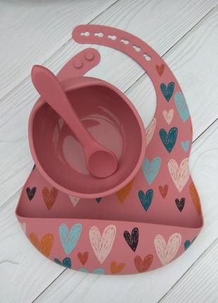 Силиковая тарілка+силіконова ложка+ нагрудник з принтом набір для малюків