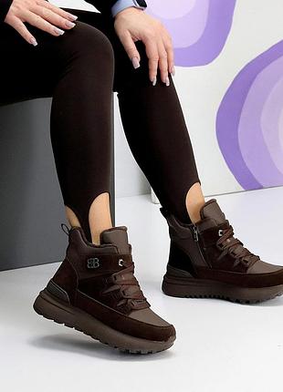 Универсальные коричневые женские ботинки зимние ботинки теплые на меху эко-кожа зима
