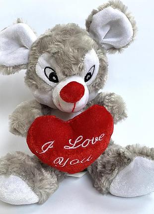 Мягкая игрушка серый мышонок мышь мышка с сердцем i love you, плюшевая мышка валентинка на подарок, 30 см