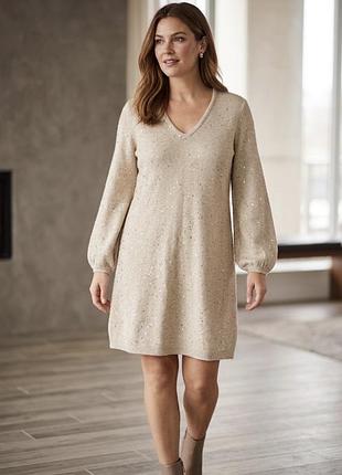 Золотиста бежева трикотажна сукня-светр бренду loft з v-подібним вирізом, злегка пишними рукавами та делікатним блиском (паєтками).