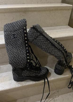 Чоботи жіночі chanel твід та лакована шкіра високі. 36розм. модель 2027 р