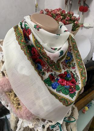 Нова біла хустка шарф українська народна прикраса головний убор орнамент квіти хустинка на голову чи шию до шуби пальто