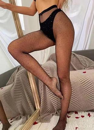 Колготки сеточка со стразами черные капроновые