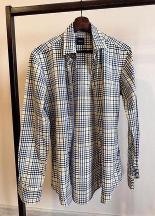Сорочка в клітинку жовто блакитна hugo boss s