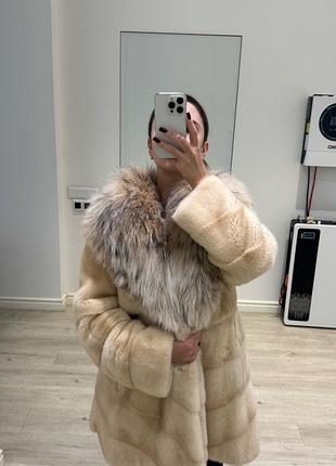 Жіноча шуба naomi з натурального хутра норки та рисі, бежева