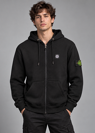 Мужская зимняя кофта stone island черная (лого нашивка)