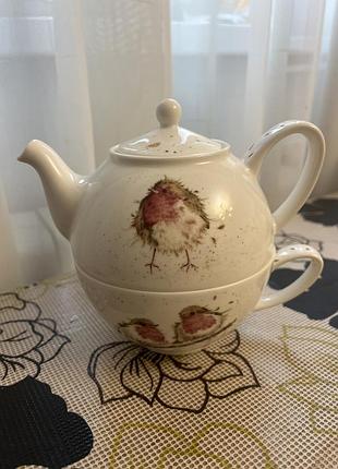 Чайний набір на одну персону «tea for one» (модель із зарянкою/малинівкою) з колекції wrendale designs від британського бренду royal worcester.