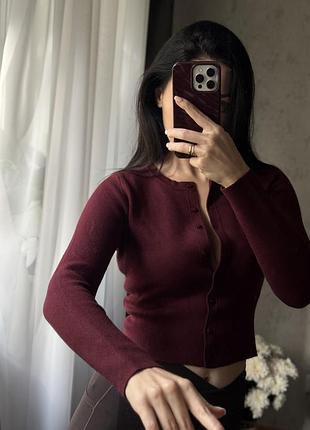 Жіноча вкорочена кофтинка на ґудзиках бордова❤️