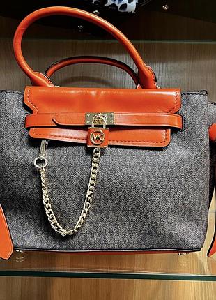 Сумка жіноча michael kors сіро-оранжева з короткими ручками, довгий ремінь присутній