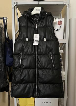 Жилет подовжений теплий дутий пуфер zara з штучної шкіри