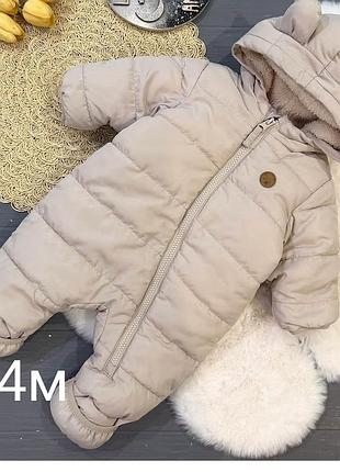 Утеплений дутий комбінезон h&m розмір 62 (2-4 міс) з вушками ведмедика / зимовий демісезонний ромпер