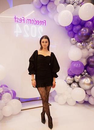 Коктейльне міні-плаття party чорне зі стрейч-котону з рукавами-буфами українського бренду ivina. boutique