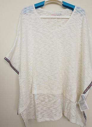 Белая кофта пончо оверсайз с вышивкой этно этнический стиль батал