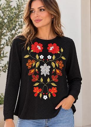 Чорна вишита блуза zara woman з квітковою вишивкою, бохо, розмір m