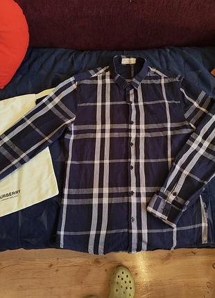 Чоловіча бавовняна сорочка в клітинку від елітного бренду burberry у темно-синьому кольорі (navy blue).