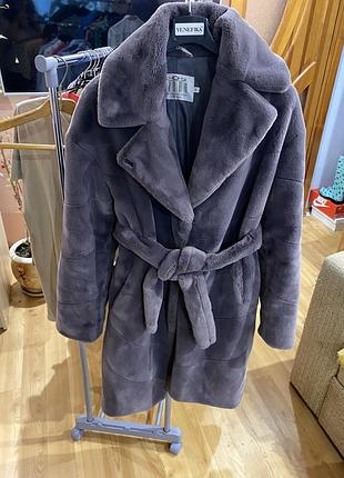 Еко-шуба жіноча zara сіра зі штучного хутра з поясом
