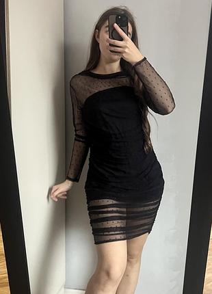 🖤 чорна обтягуюча сукня boohoo у сіточку / горошок, розмір m / uk 16