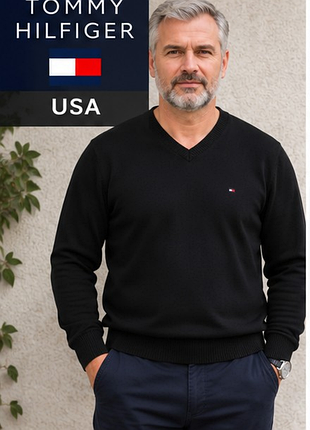 Чоловічий светр tommy hilfiger оригінал, чорний, xxl (54), v-подібний виріз, класика