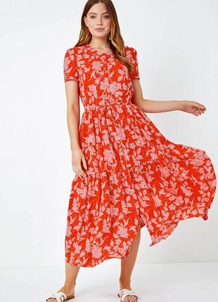 Вискозное миди платье сорочка roman floral animal print tiered midi dress