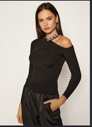 Лонгслів жіночий guess чорний в рубчик з написом