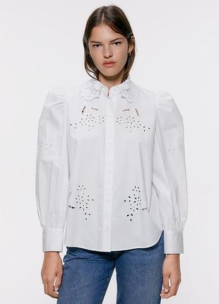 Zara женская белая поплиновая рубашка с ажурной вышивкой ришелье перфорация бренд zara, р.xs