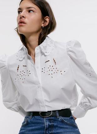 Zara жіноча біла поплінова сорочка з ажурною вишивкою рішельє  перфорація ришельє перфорація  бренд zara, р.xs
