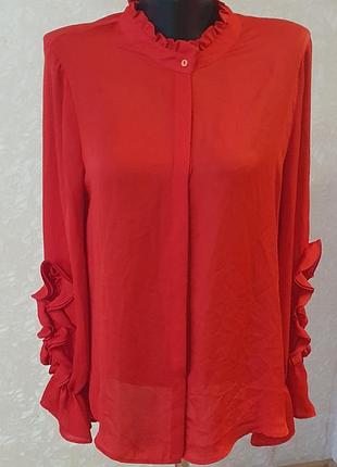 Красная блуза zara basic с воротником-стойкой и воланами, размер l (40)