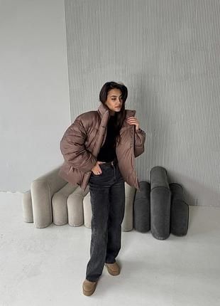 Коричневий дутий пуховик жіночий s-xl зима