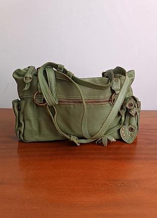 Duna оливковая кожаная сумка на плечо в стиле boho  с оригинальным декором 36*20 cm