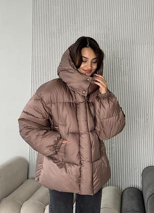 Дутий жіночий пуховик коричневий s-xl зима